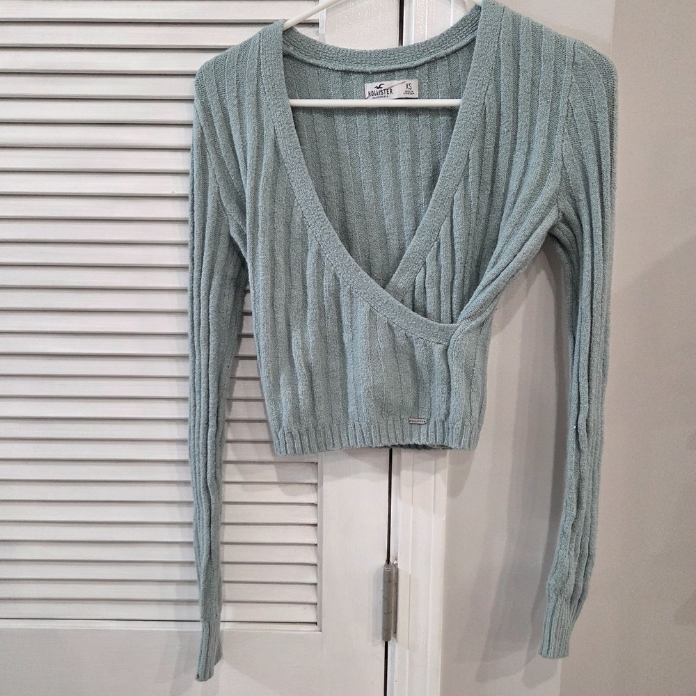 Womens/Girls Hollister Mint/Sage Green V-Neck Cropped Wrap Sweater Size XS